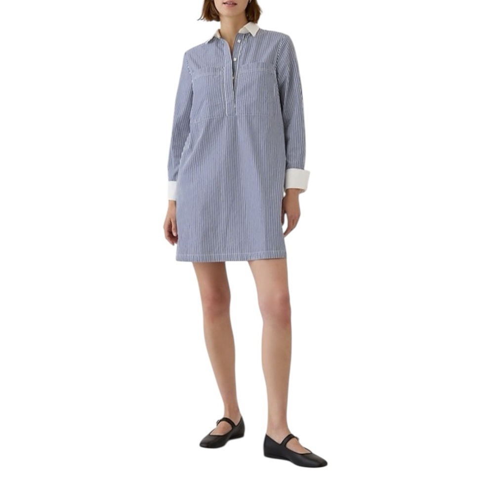 GAP Navy and White Striped Mini Shirt Dress Pockets & oversized cuffs Size M